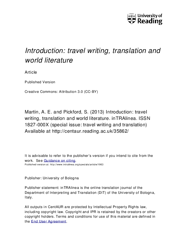 (PDF) Introduction: travel writing, translation and world literature