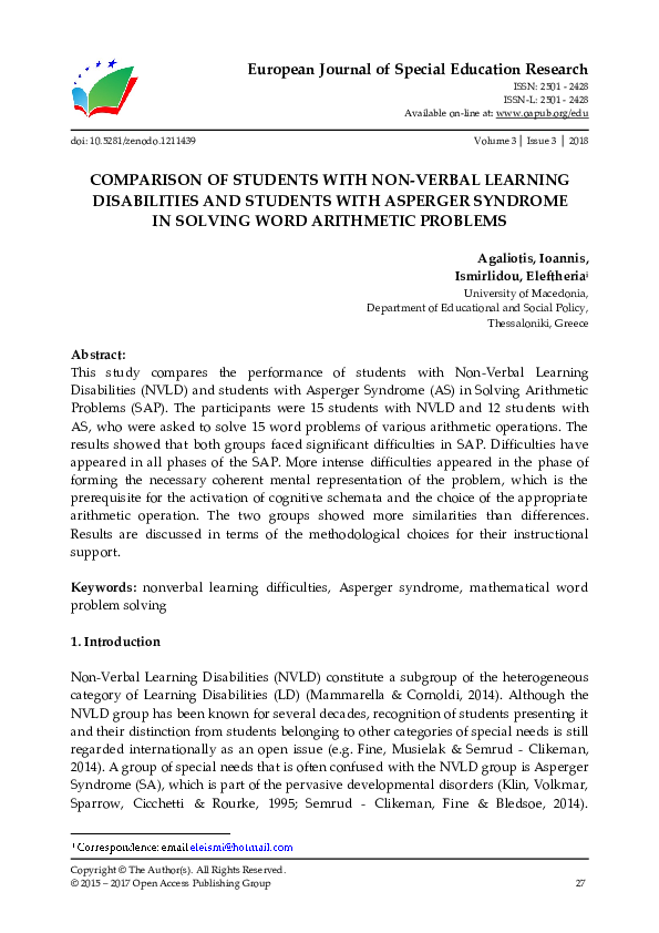 (PDF) Comparison of Students with Non-Verbal Learning Disabilities and ...