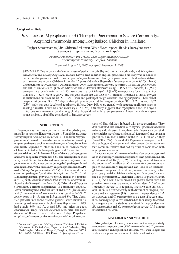(PDF) Prevalence of Mycoplasma and Chlamydia pneumonia in severe ...