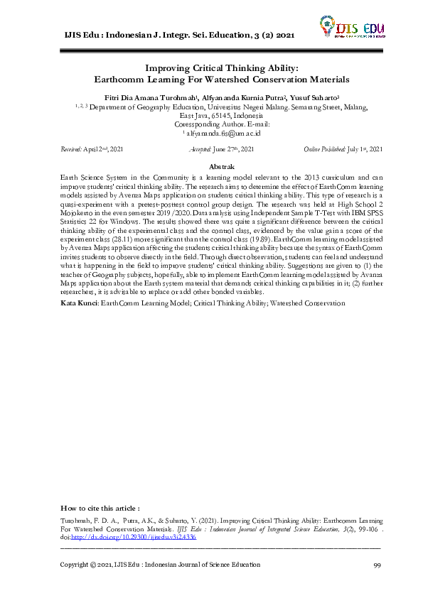 (PDF) Improving Critical Thinking Ability: Earthcomm Learning For ...