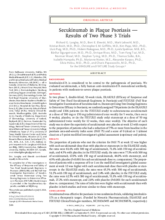 (PDF) Secukinumab in Plaque Psoriasis — Results of Two Phase 3 Trials