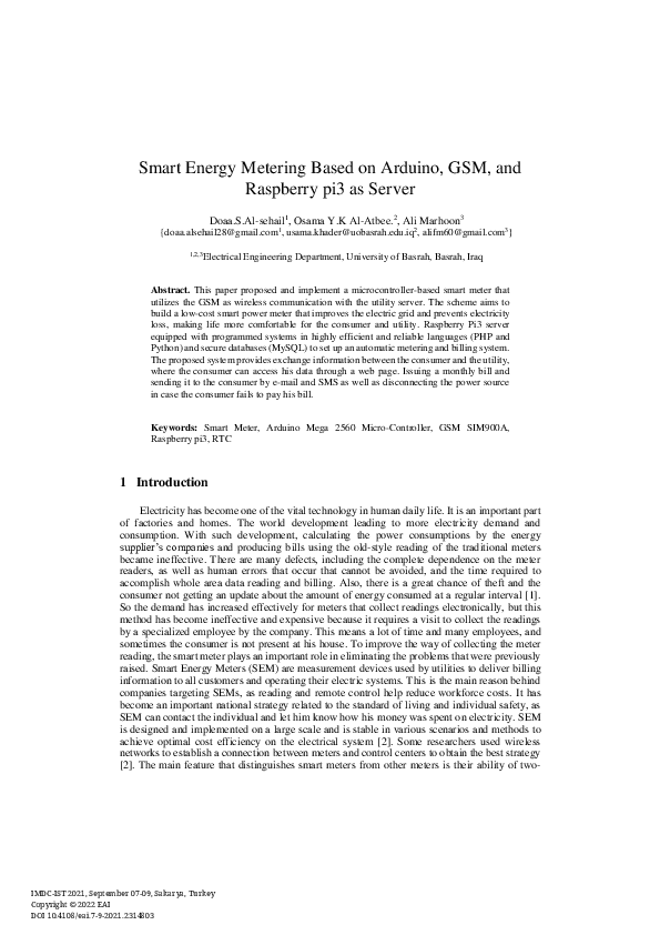 (PDF) Smart Energy Metering Based on Arduino, GSM, and Raspberry pi3 as ...