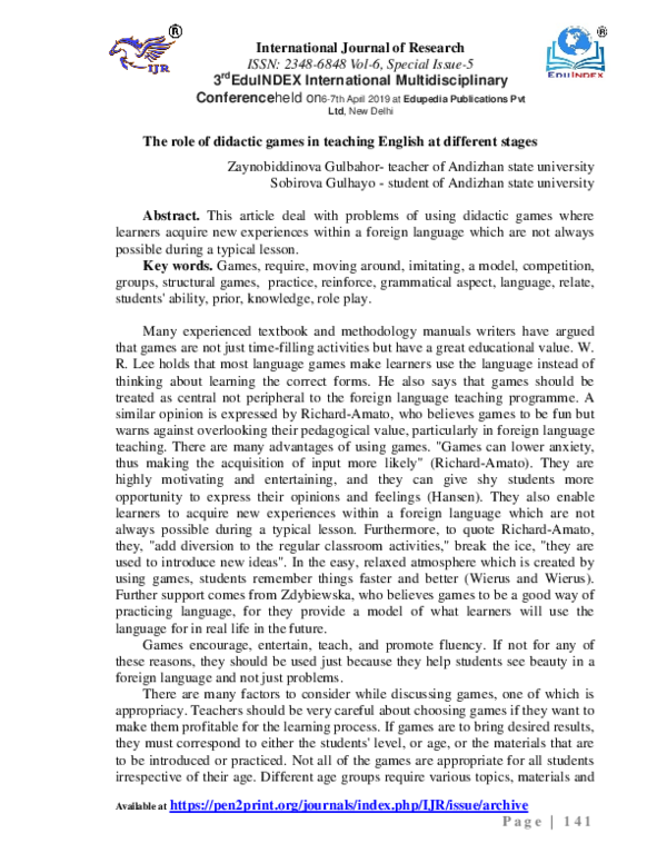 (PDF) The role of didactic games in teaching English at different stages