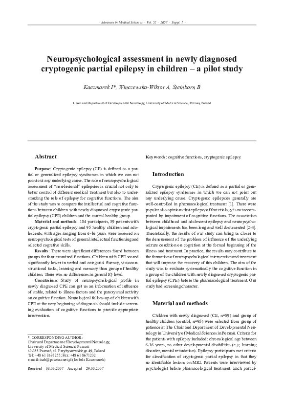 (PDF) Neuropsychological assessment in newly diagnosed cryptogenic ...