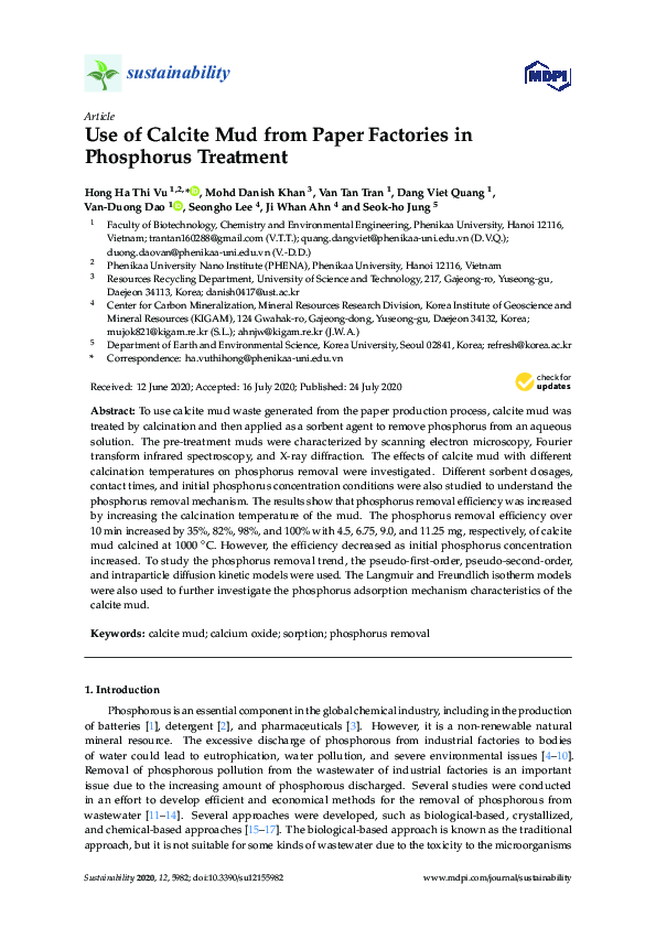 (PDF) Use of Calcite Mud from Paper Factories in Phosphorus Treatment