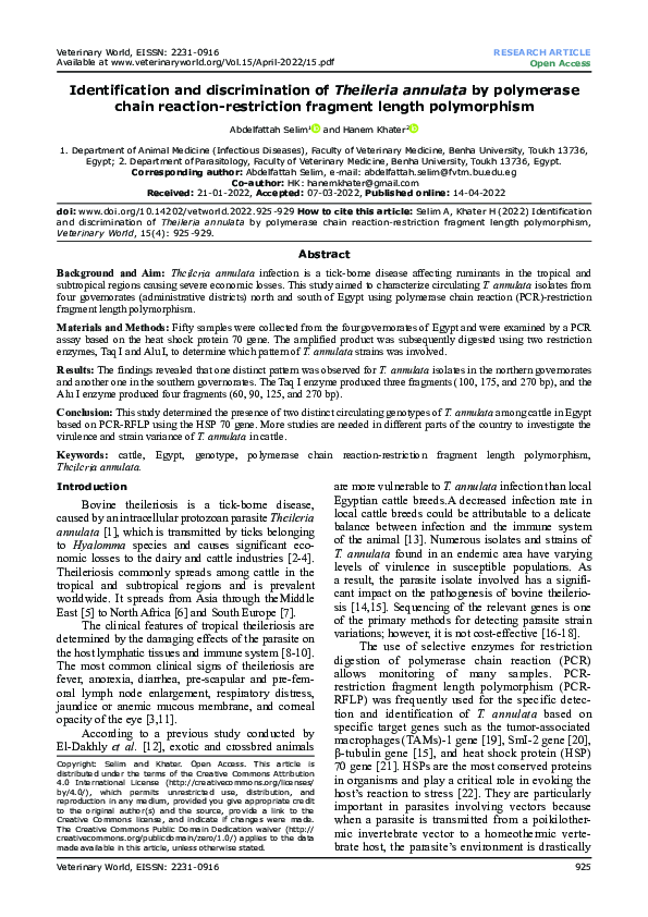 (PDF) Identification and discrimination of Theileria annulata by ...