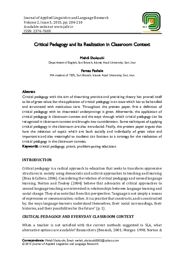 (PDF) Critical Pedagogy and Its Realization in Classroom Context