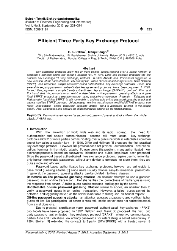 (PDF) Efficient Three Party Key Exchange Protocol