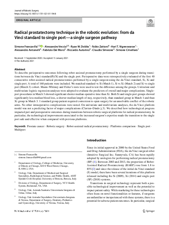 (PDF) Radical prostatectomy technique in the robotic evolution: from da ...