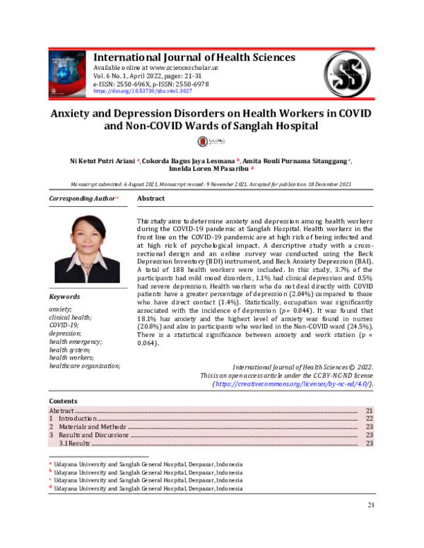 (PDF) Anxiety and depression disorders on health workers in COVID and ...