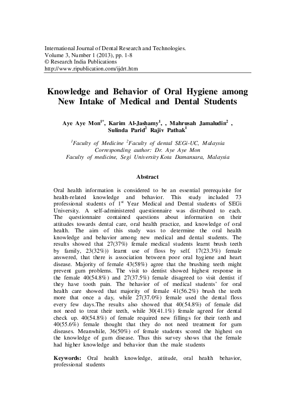 (PDF) Knowledge and Behavior of Oral Hygiene among New Intake of ...