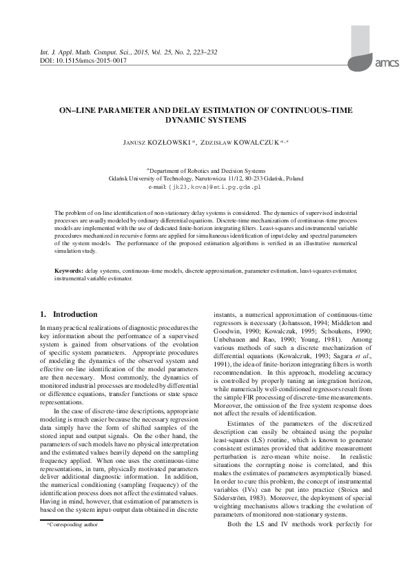 (PDF) On-line Parameter and Delay Estimation of Continuous-Time Dynamic ...