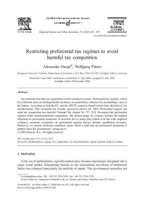 (PDF) Restricting preferential tax regimes to avoid harmful tax competition