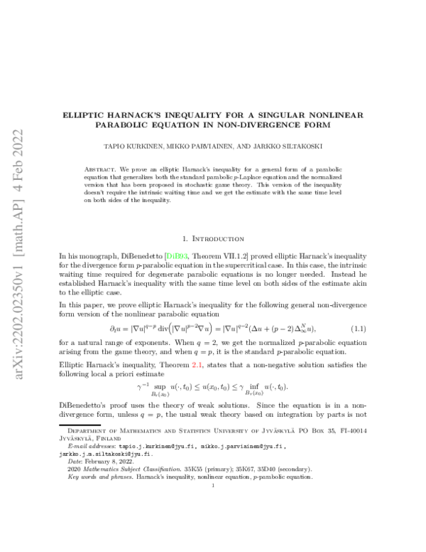 (PDF) Elliptic Harnack's inequality for a singular nonlinear parabolic ...