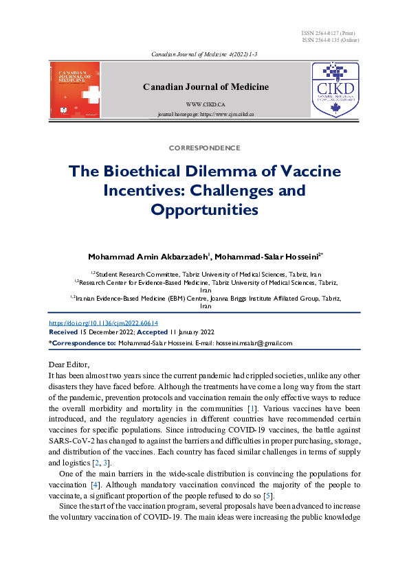 (PDF) The Bioethical Dilemma of Vaccine Incentives: Challenges and ...