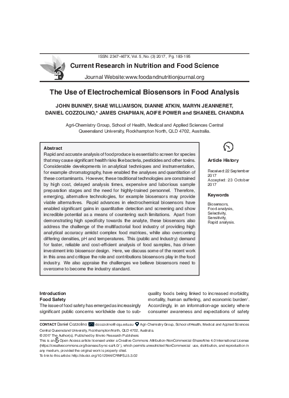 (PDF) The Use of Electrochemical Biosensors in Food Analysis