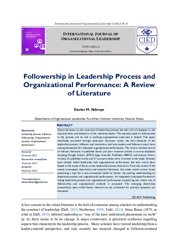 (PDF) Followership in Leadership Process and Organizational Performance ...