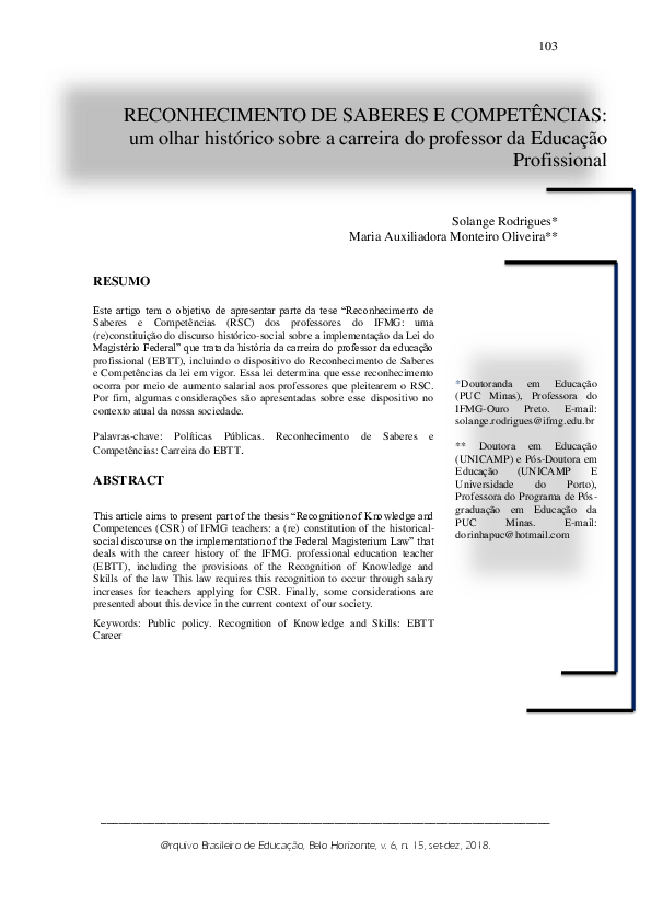 (PDF) RECONHECIMENTO DE SABERES E COMPETÊNCIAS: um olhar histórico ...