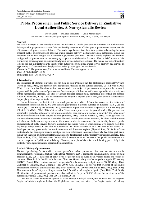 (PDF) Public Procurement and Public Service Delivery in Zimbabwe Local ...