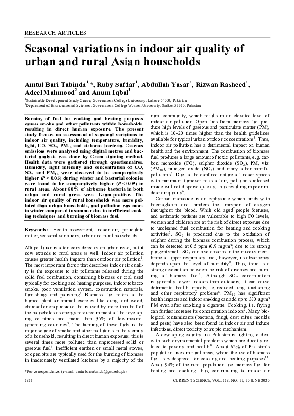 (PDF) Seasonal Variations in Indoor Air Quality of Urban and Rural ...