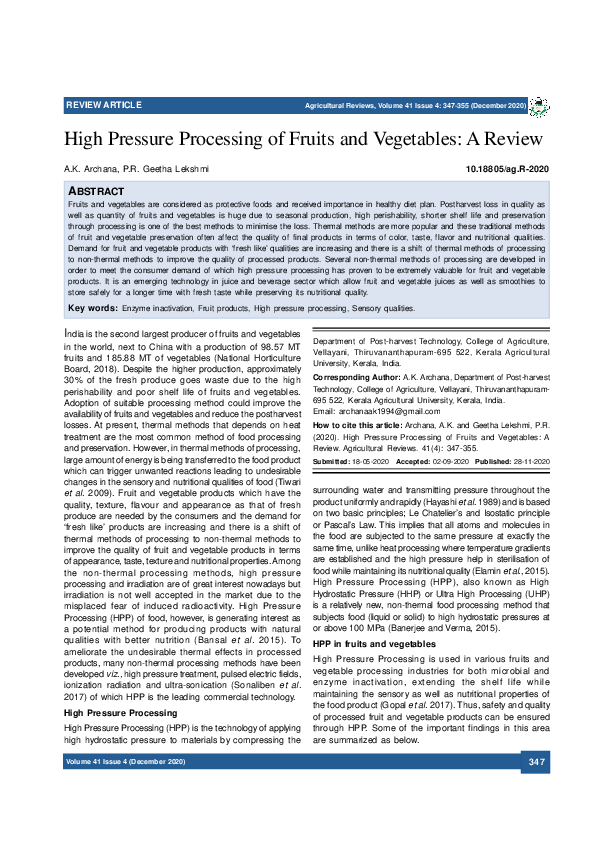 (PDF) High pressure processing of fruits and vegetables