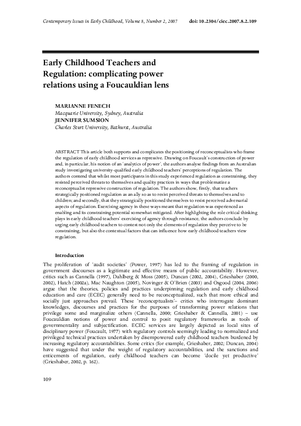 (PDF) Early Childhood Teachers and Regulation complicating power relations using a Foucauldian