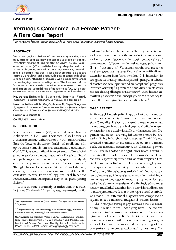 (PDF) Verrucous Carcinoma in a Female Patient : A Rare Case Report