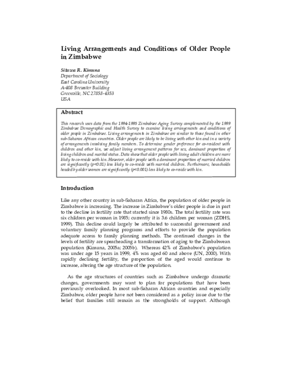 (PDF) Living Arrangements and Conditions of Older People in Zimbabwe