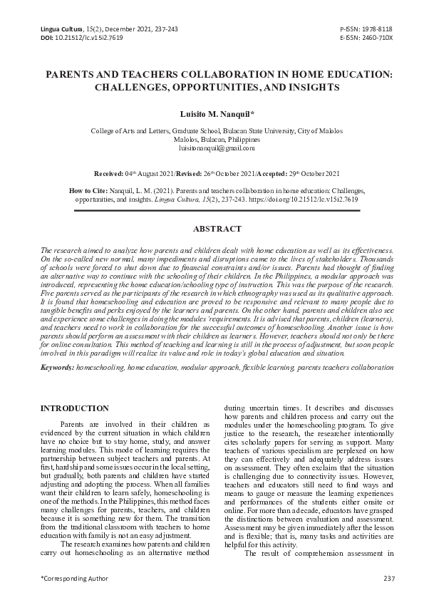 (PDF) Parent and Teacher Collaboration in Home Education: Challenges ...