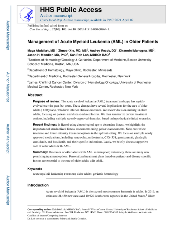 (PDF) Management of Acute Myeloid Leukemia (AML) in Older Patients
