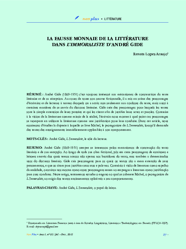 (PDF) La fausse monnaie de la littérature dans L’Immoraliste D'André Gide