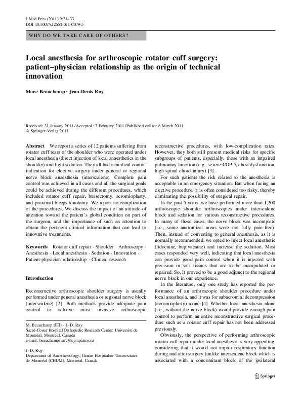 (PDF) Local anesthesia for arthroscopic rotator cuff surgery patient
