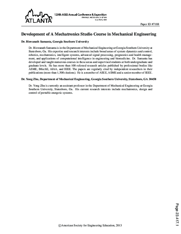 (PDF) Development of A Mechatronics Studio Course in Mechanical Engineering