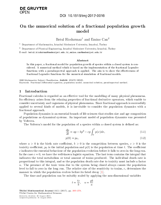 (PDF) On the numerical solution of a fractional population growth model
