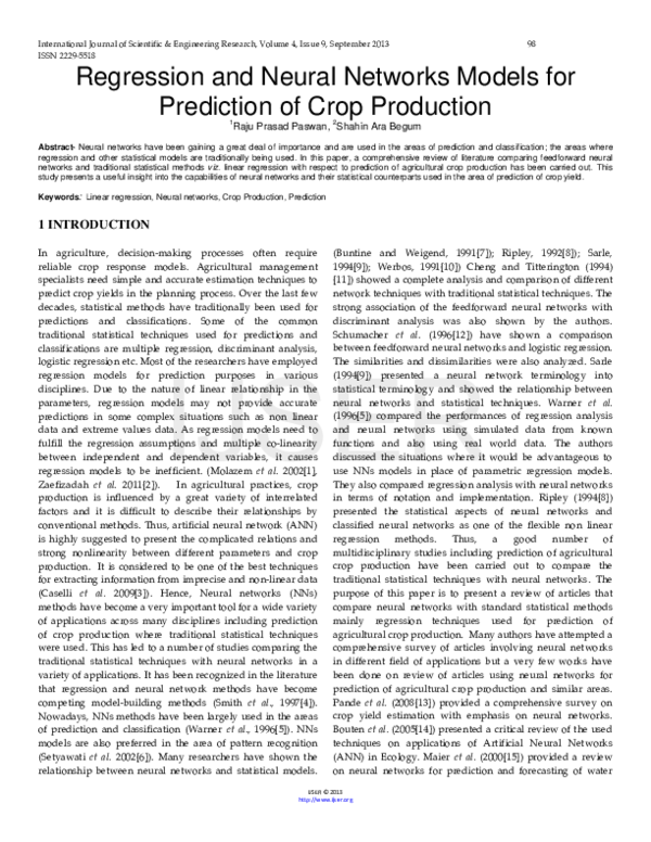 (PDF) Regression and Neural Networks Models for Prediction of Crop ...