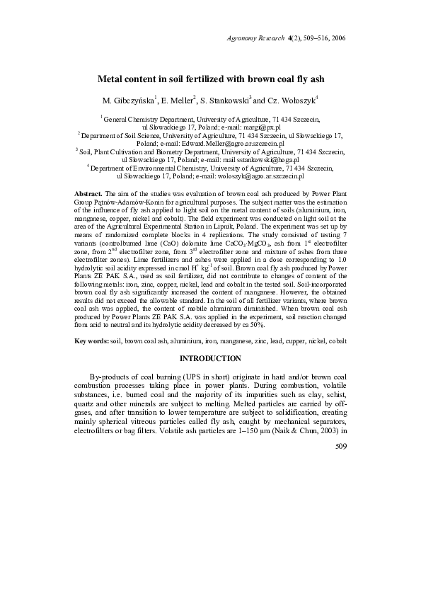 (PDF) Metal content in soil fertilized with brown coal fly ash