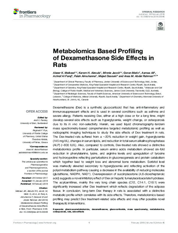 (PDF) Metabolomics Based Profiling of Dexamethasone Side Effects in Rats