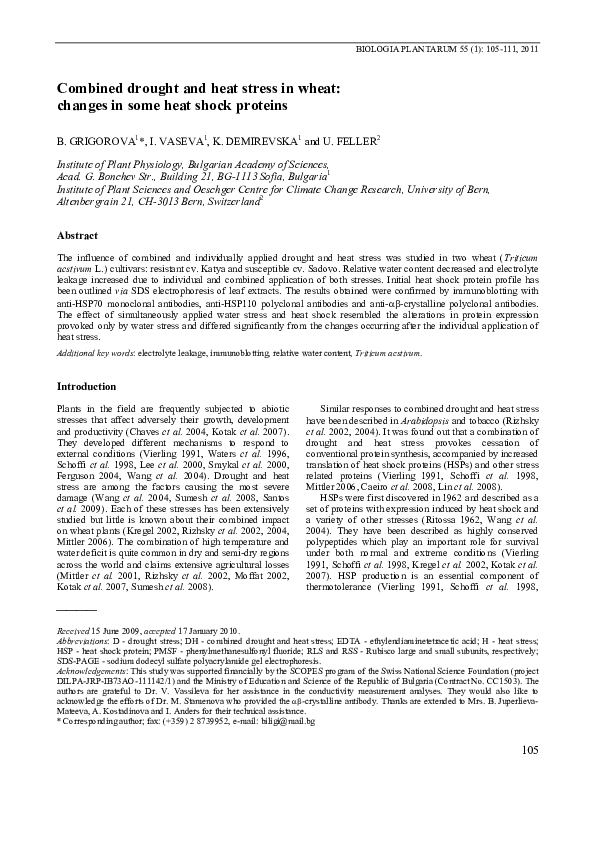 (PDF) Combined drought and heat stress in wheat: changes in some heat ...