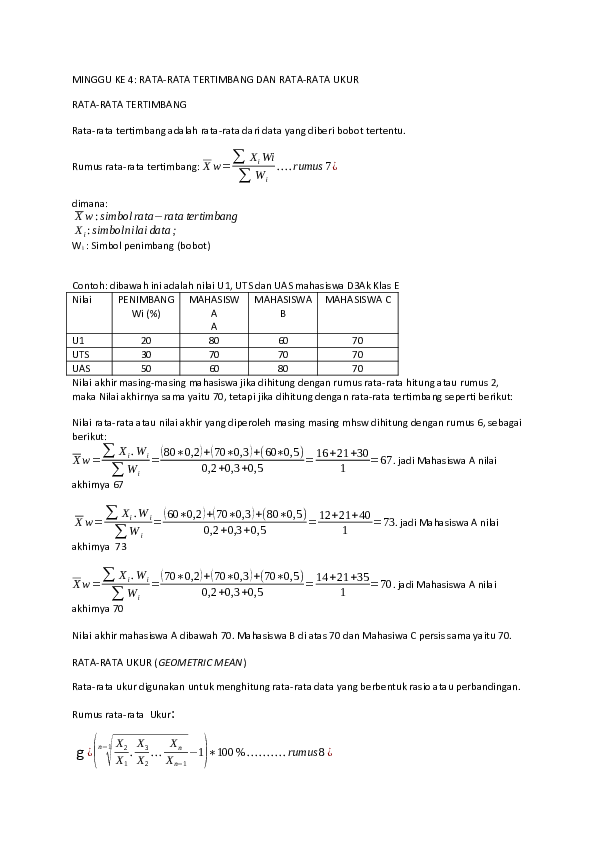 (DOC) MINGGU KE 4: RATA-RATA TERTIMBANG DAN RATA-RATA UKUR