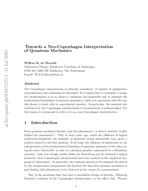 (PDF) Towards a Neo-Copenhagen Interpretation of Quantum Mechanics