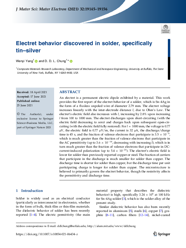 (PDF) Electret behavior discovered in solder, specifically tin–silver