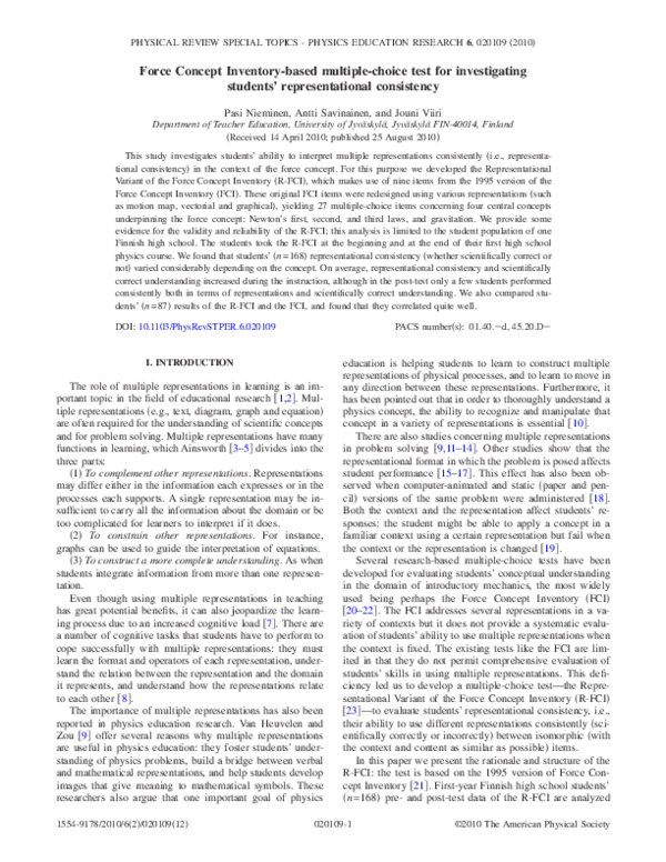 (PDF) Force Concept Inventorybased multiplechoice test for