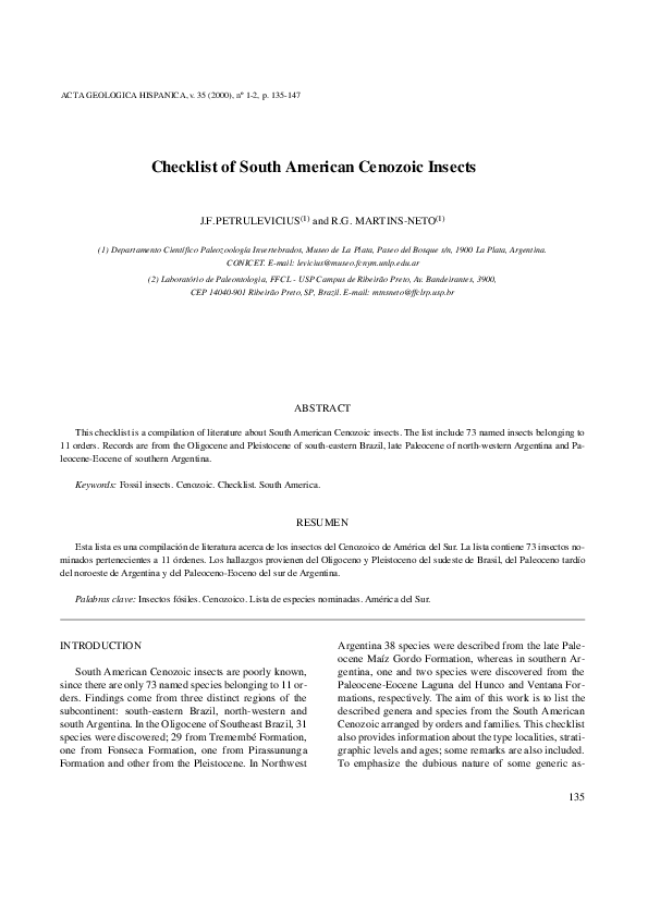 (PDF) Checklist of South American Cenozoic Insects | julian fernando ...