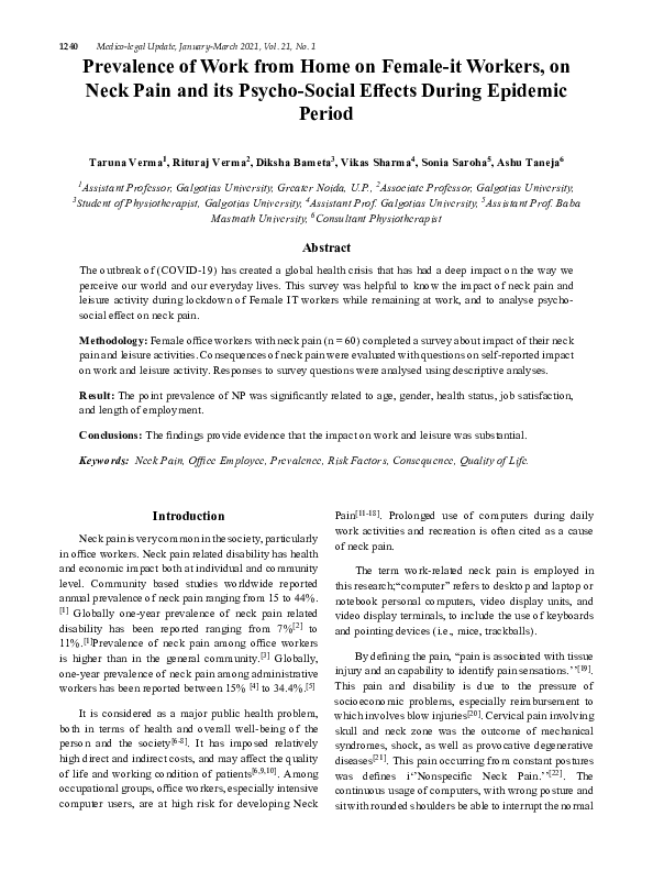 (PDF) Prevalence of work from home on female-it workers, on neck pain ...