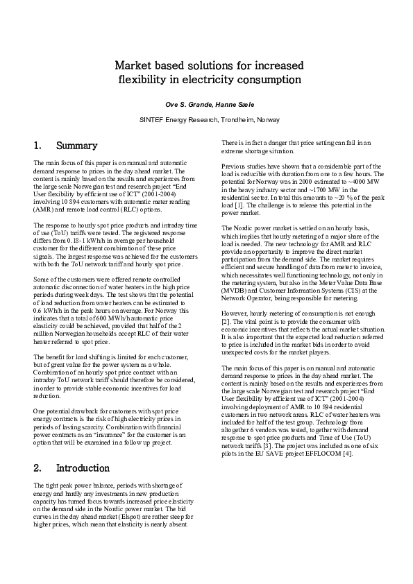 (PDF) Market based solutions for increased flexibility in electricity ...