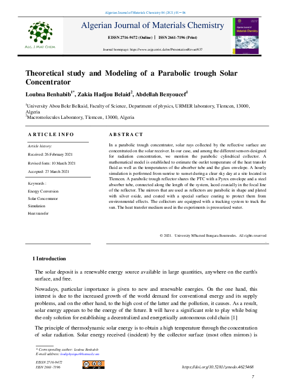 (PDF) Theoretical study and Modeling of a Parabolic trough Solar ...