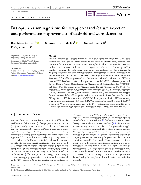 (PDF) Bat optimization algorithm for wrapper‐based feature selection ...
