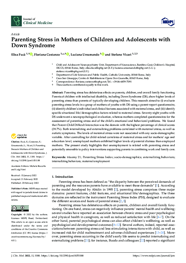 (PDF) Parenting Stress in Mothers of Children and Adolescents with Down ...