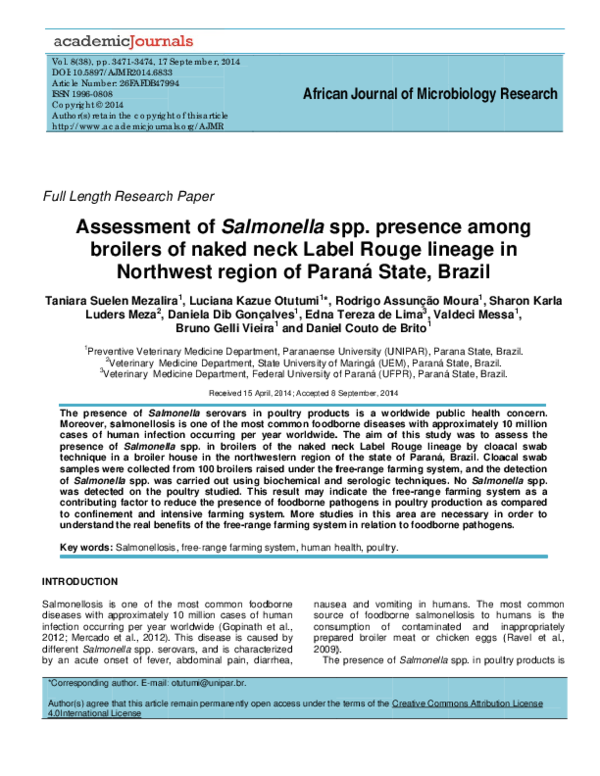 (PDF) Assessment of Salmonella spp. presence among broilers of naked ...