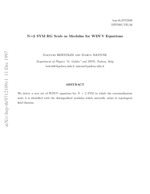 (PDF) N=2 SYM RG Scale as Modulus for WDVV Equations